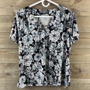 Karl Lagerfeld Womens Shirt Short Sleeve Blouse Vneck Floral Size Medium